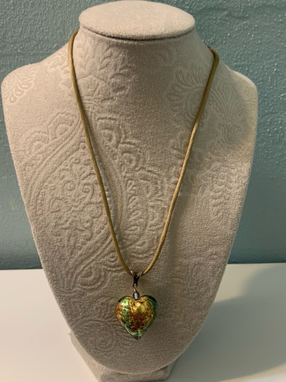 Green and gold Marano glass, heart pendant necklace class marked 925 #heart